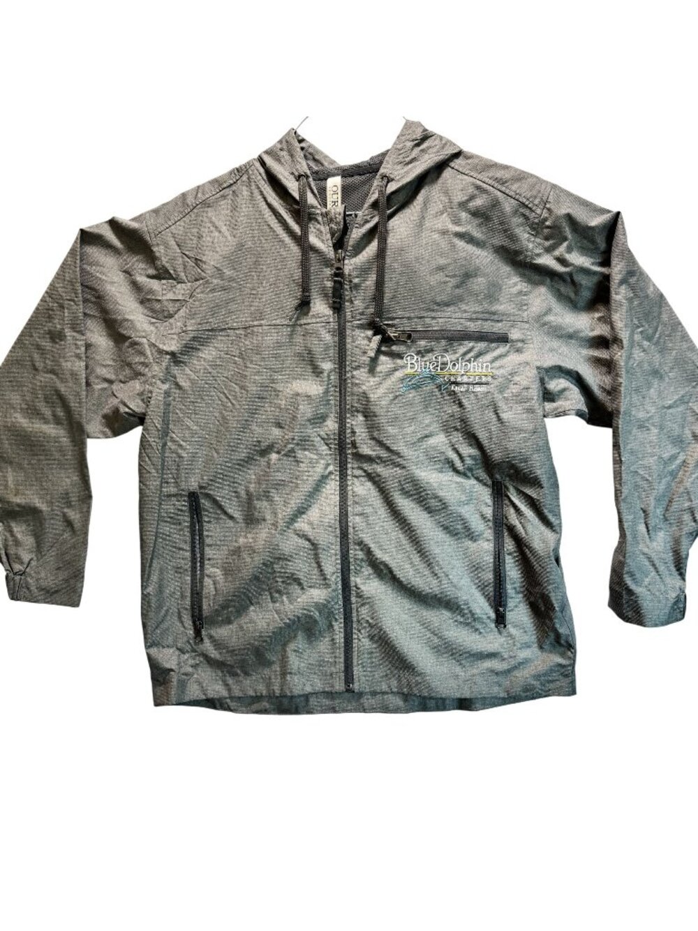 Ouray Sportswear Blue Dolphin Charters Gray Full Zip Hooded Windbreaker Jacket S
